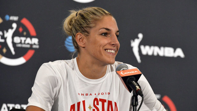 LAS VEGAS, NV - JULY 27: Elena Delle Donne #11 of Team Delle Donne talks to the media after the AT&T WNBA All-Star Game 2019 on July 27, 2019 at the Mandalay Bay Events Center in Las Vegas, Nevada. Mandatory Copyright Notice: Copyright 2019 NBAE