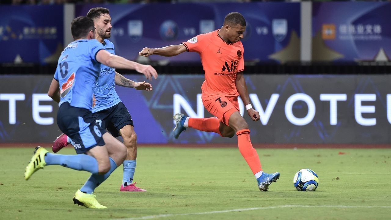 SUZHOU, CHINA - JULY 30: Kylian Mbappe Lottin of Paris Saint-Germain shoots towards goal during the International Super Cup Suzhou Match between Paris Saint-Germain and Sydney FC at Suzhou Olympic Sports Centre Stadium on July 30, 2019 in Suzhou, Jiangsu Province of China.