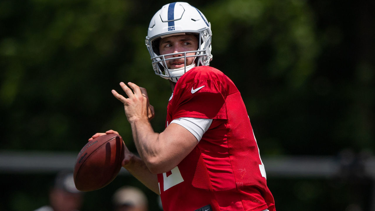 WESTFIELD, IN - JULY 28: Indianapolis Colts quarterback Andrew Luck (12) runs through a drill during the Indianapolis Colts training camp practice on July 28, 2019 at the Grand Park Sports Campus in Westfield, IN.