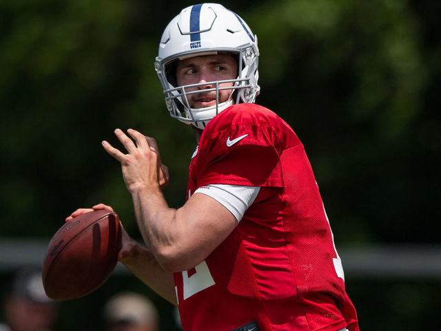 WESTFIELD, IN - JULY 28: Indianapolis Colts quarterback Andrew Luck (12) runs through a drill during the Indianapolis Colts training camp practice on July 28, 2019 at the Grand Park Sports Campus in Westfield, IN.