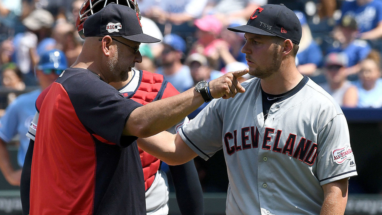 KANSAS CITY, MO. - JULY 28: Cleveland Indians manager Terry Francona argues with Cleveland Indians starting pitcher Trevor Bauer (47) while relieving him in the fifth inning during a Major League Baseball game between the Cleveland Indians and the Kansas City Royals on July 28, 2019, at Kauffman Stadium, Kansas City, MO.