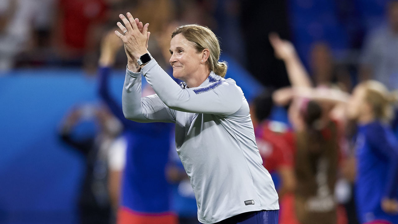 Jill Ellis head coach of United States celebrates victory after the 2019 FIFA Women's World Cup France Semi Final match between England and USA at Stade de Lyon on July 2, 2019 in Lyon, France.