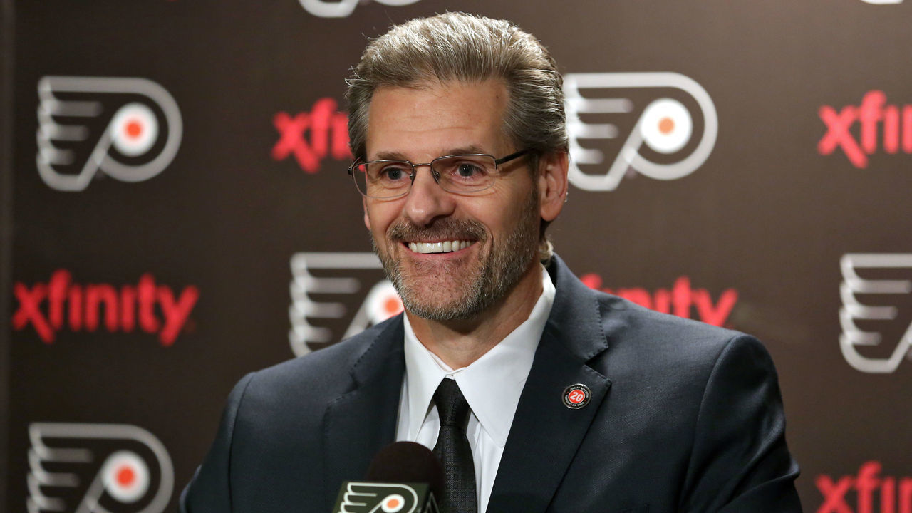 PHILADELPHIA, PA - FEBRUARY 29: General Manager Ron Hextall of the Philadelphia Flyers speaks to the media in regards to the NHL trade deadline that had recently passed prior to a game against the Calgary Flames on February 29, 2016 at the Wells Fargo Center in Philadelphia, Pennsylvania.