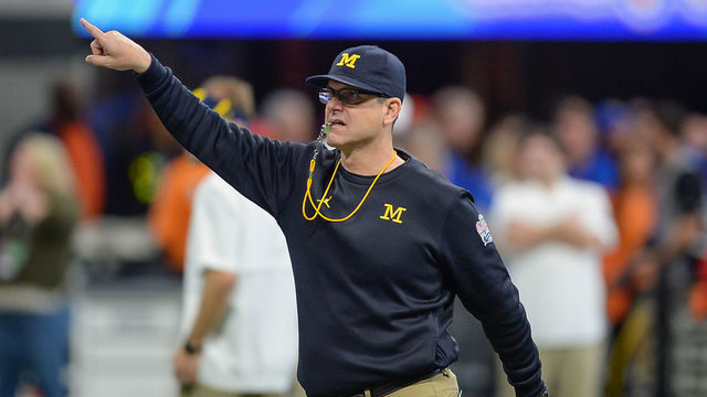 ATLANTA, GA DECEMBER 29: Michigan head coach Jim Harbaugh on the sideline during the Chick-fil-A Peach Bowl between the Michigan Wolverines and the Florida Gators on December 29th, 2018 at Mercedes-Benz Stadium in Atlanta, GA.