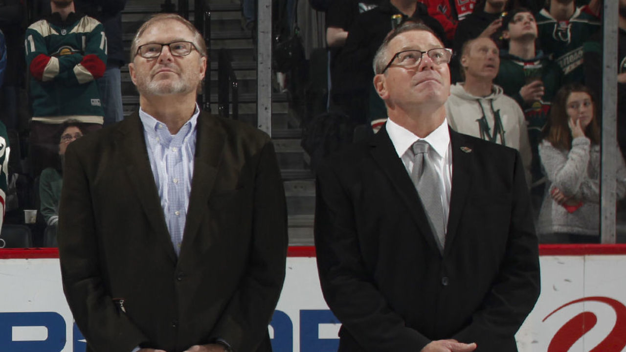 ST. PAUL, MN - OCTOBER 27: Ryan Suter #20 of the Minnesota Wild watches a video honoring his 1000th career game in the NHL with his family, Craig Leipold and Paul Fenton before a game between the Minnesota Wild and Colorado Avalanche at Xcel Energy Center on October 27, 2018 in St. Paul, Minnesota.