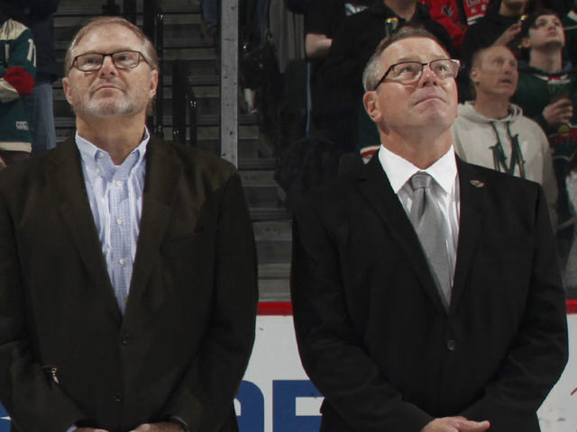 ST. PAUL, MN - OCTOBER 27: Ryan Suter #20 of the Minnesota Wild watches a video honoring his 1000th career game in the NHL with his family, Craig Leipold and Paul Fenton before a game between the Minnesota Wild and Colorado Avalanche at Xcel Energy Center on October 27, 2018 in St. Paul, Minnesota.