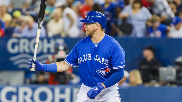 TORONTO, ONTARIO - JULY 28: Justin Smoak #14 of the Toronto Blue Jays stands in the batters box against the Tampa Bay Rays in the second inning during their MLB game at the Rogers Centre on July 28, 2019 in Toronto, Canada.
