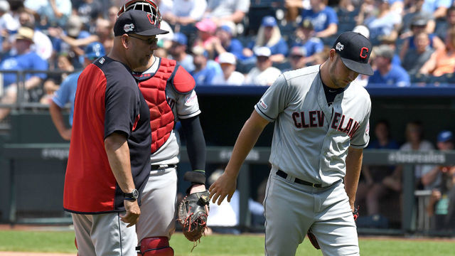 KANSAS CITY, MO. - JULY 28: Cleveland Indians starting pitcher Trevor Bauer (47) heads for the dugout after being relieved in the fifth inning by Cleveland Indians manager Terry Francona during a Major League Baseball game between the Cleveland Indians and the Kansas City Royals on July 28, 2019, at Kauffman Stadium, Kansas City, MO.