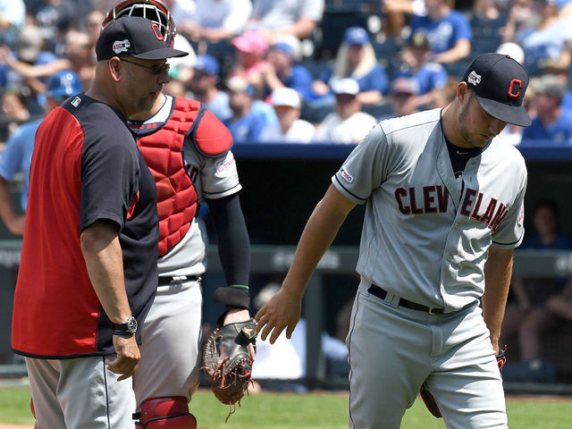 KANSAS CITY, MO. - JULY 28: Cleveland Indians starting pitcher Trevor Bauer (47) heads for the dugout after being relieved in the fifth inning by Cleveland Indians manager Terry Francona during a Major League Baseball game between the Cleveland Indians and the Kansas City Royals on July 28, 2019, at Kauffman Stadium, Kansas City, MO.