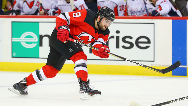 NEWARK, NJ - MARCH 19: New Jersey Devils defenseman Will Butcher (8) during the first period of the National Hockey League Game between the New Jersey Devils and the Washington Capitals on March 19, 2019 at the Prudential Center in Newark, NJ.
