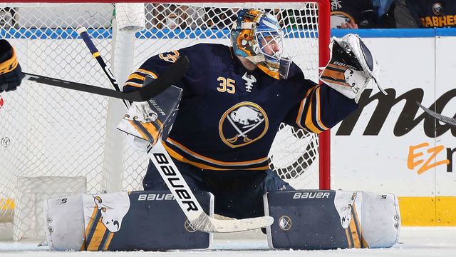 BUFFALO, NY - FEBRUARY 9: Linus Ullmark #35 of the Buffalo Sabres makes a save in goal during an NHL game against the Detroit Red Wings on February 9, 2019 at KeyBank Center in Buffalo, New York.