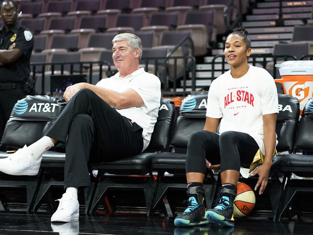 LAS VEGAS, NV - JULY 27: Head coach Bill Laimbeer of Team Wilson talks to Alyssa Thomas #25 of Team Delle Donne before the AT&T WNBA All-Star Game 2019 on July 27, 2019 at the Mandalay Bay Events Center in Las Vegas, Nevada. Mandatory Copyright Notice: Copyright 2019 NBAE