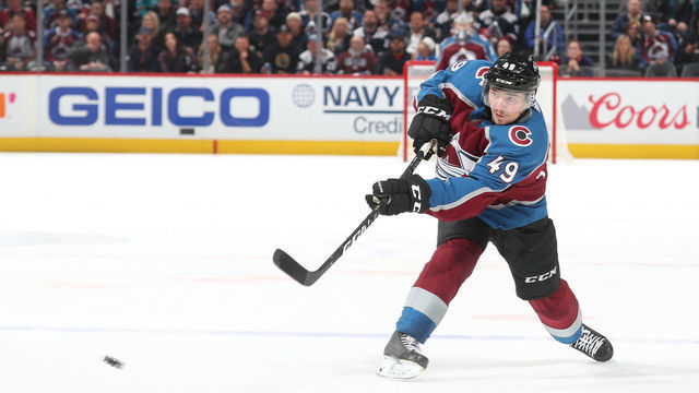 DENVER, CO - APRIL 30: Samuel Girard #49 of the Colorado Avalanche shoots against the San Jose Sharks in Game Three of the Western Conference Second Round during the 2019 NHL Stanley Cup Playoffs at the Pepsi Center on April 30, 2019 in Denver, Colorado.