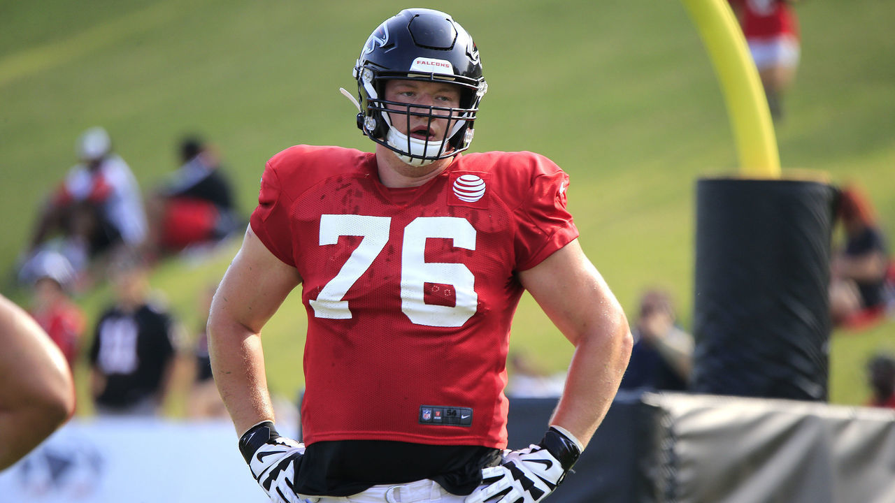 FLOWERY BRANCH, GA - JULY 28: Atlanta Falcons offensive tackle Kaleb McGary (76) during Training Camp on July 28, 2019 at the Atlanta Falcons Training Facility in Flowery Branch, GA.