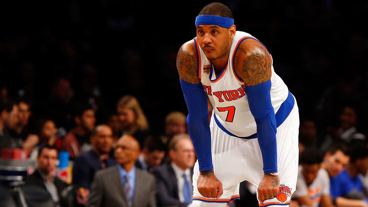 BROOKLYN, NY - MARCH 12: (NEW YORK DAILIES OUT) Carmelo Anthony #7 of the New York Knicks in action against the Brooklyn Nets at Barclays Center on March 12, 2017 in the Brooklyn borough of New York City. The Nets defeated the Knicks 120-112. NOTE TO USER: User expressly acknowledges and agrees that, by downloading and/or using this photograph, user is consenting to the terms and conditions of the Getty Images License Agreement.