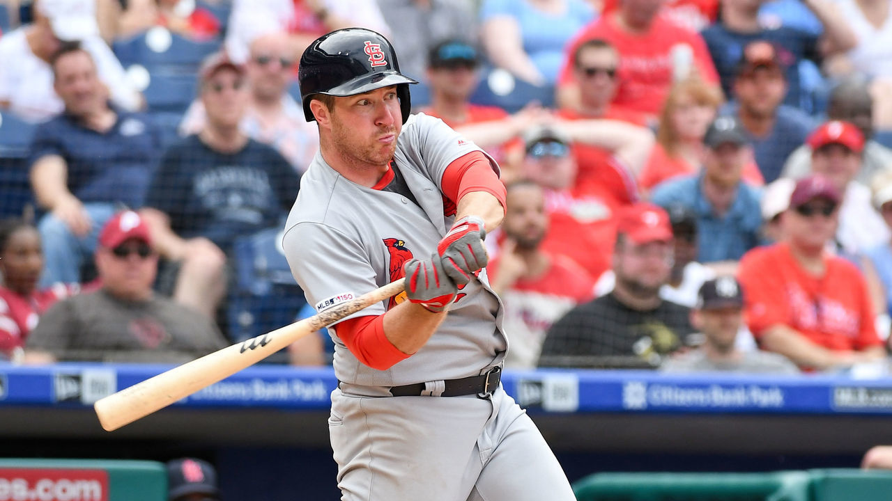 PHILADELPHIA, PA - MAY 30: St. Louis Cardinals Infield Jedd Gyorko (3) hits a home run during the game between the St. Louis Cardinals and the Philadelphia Phillies on May 30, 2019, at Citizens Bank Park in Philadelphia, PA.