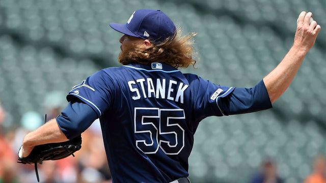 BALTIMORE, MD - JULY 14: Ryne Stanek #55 of the Tampa Bay Rays pitches during the game against the Baltimore Orioles at Oriole Park at Camden Yards on July 14, 2019 in Baltimore, Maryland.