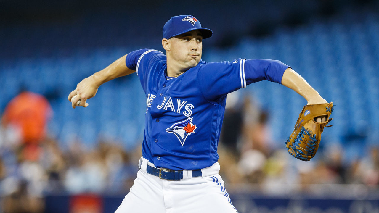 TORONTO, ONTARIO - JULY 28: Aaron Sanchez #41 of the Toronto Blue Jays pitches to the Tampa Bay Rays in the first inning during their MLB game at the Rogers Centre on July 28, 2019 in Toronto, Canada.