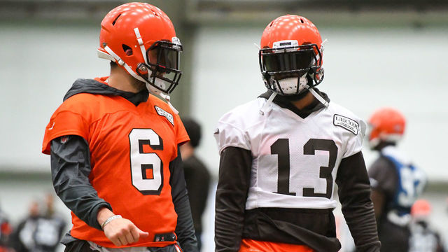 BEREA, OH - JUNE 6, 2019: Wide receiver Odell Beckham Jr. #13 of the Cleveland Browns talks with quarterback Baker Mayfield #6 during a mandatory mini camp practice on June 6, 2019 at the Cleveland Browns training facility in Berea, Ohio. (Photo by: 2019 Nick Cammett/Diamond Images via Getty Images)