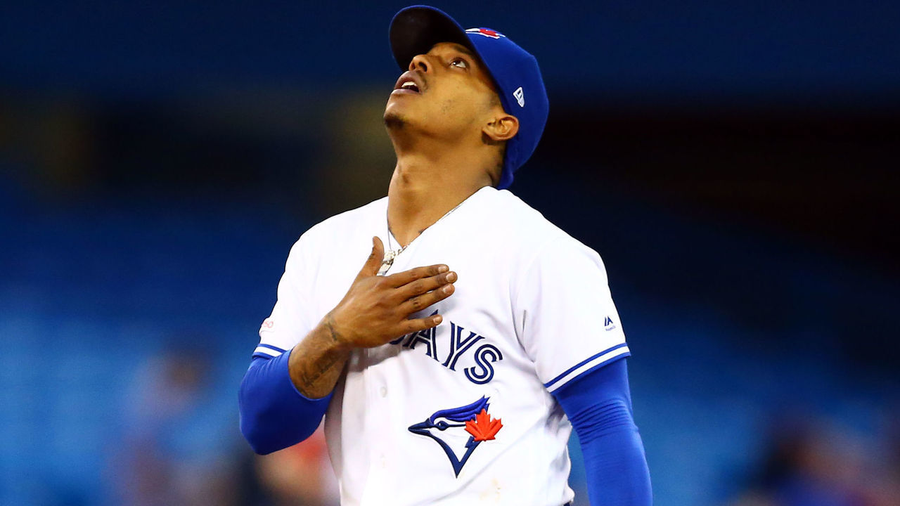 TORONTO, ON - JUNE 18: Marcus Stroman #6 of the Toronto Blue Jays prepares to pitch in the eighth inning during a MLB game against the Los Angeles Angels of Anaheim at Rogers Centre on June 18, 2019 in Toronto, Canada.