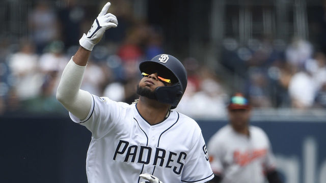 SAN DIEGO, CA - JULY 30: Fernando Tatis Jr. #23 of the San Diego Padres celebrates after hitting a solo home run during the first inning of a baseball game against the Baltimore Orioles at Petco Park July 30, 2019 in San Diego, California.