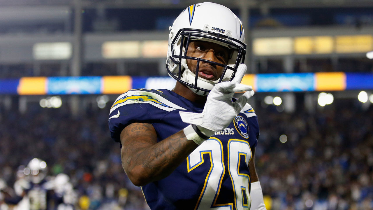 CARSON, CA - DECEMBER 22: Casey Hayward #26 of the Los Angeles Chargers reacts to an offensive pass intererference call against Michael Crabtree #15 of the Baltimore Ravens during the first half of a game at StubHub Center on December 22, 2018 in Carson, California.