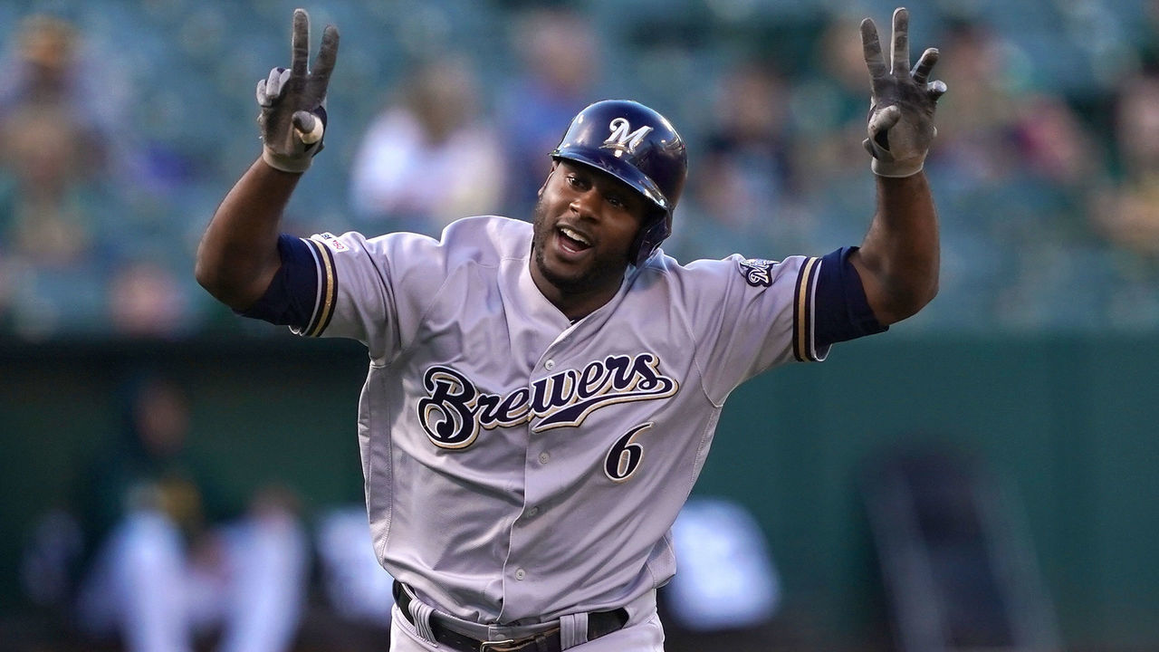 OAKLAND, CA - JULY 31: Lorenzo Cain #6 of the Milwaukee Brewers celebrates after hitting a lead-off home run against the Oakland Athletics in the top of the first inning at Ring Central Coliseum on July 31, 2019 in Oakland, California.