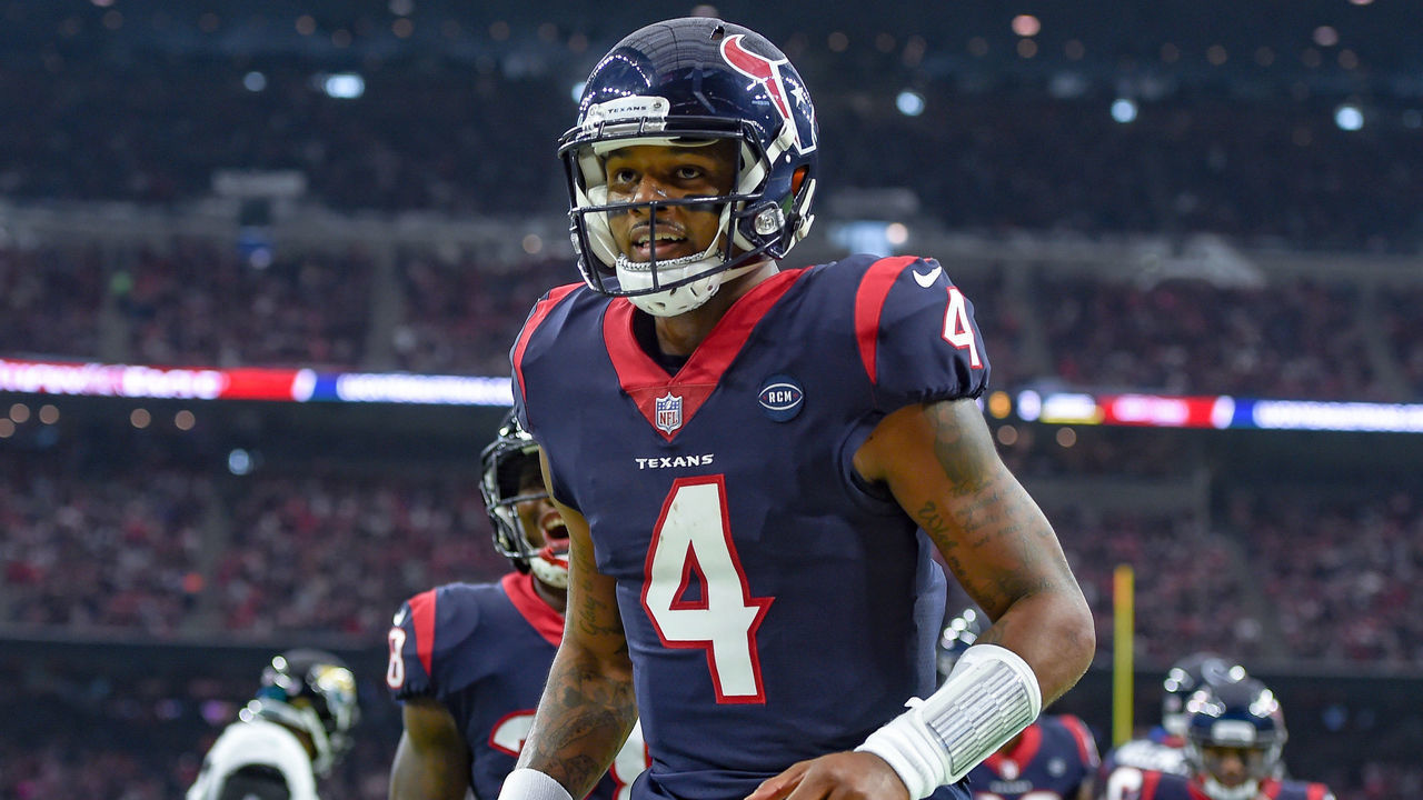 HOUSTON, TX - DECEMBER 30: Houston Texans quarterback Deshaun Watson (4) looks to the fans after scoring a touchdown during the football game between the Jacksonville Jaguars and Houston Texans on December 30, 2018 at NRG Stadium in Houston, Texas.