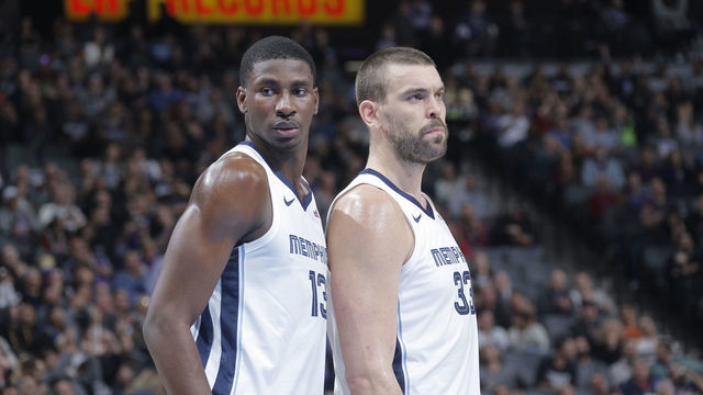 SACRAMENTO, CA - DECEMBER 21: Jaren Jackson Jr. #13 and Marc Gasol #33 of the Memphis Grizzlies look on during the game against the Sacramento Kings on December 21, 2018 at Golden 1 Center in Sacramento, California. NOTE TO USER: User expressly acknowledges and agrees that, by downloading and or using this photograph, User is consenting to the terms and conditions of the Getty Images Agreement. Mandatory Copyright Notice: Copyright 2018 NBAE