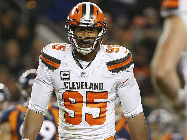 Defensive end Myles Garrett of the Cleveland Browns engages left