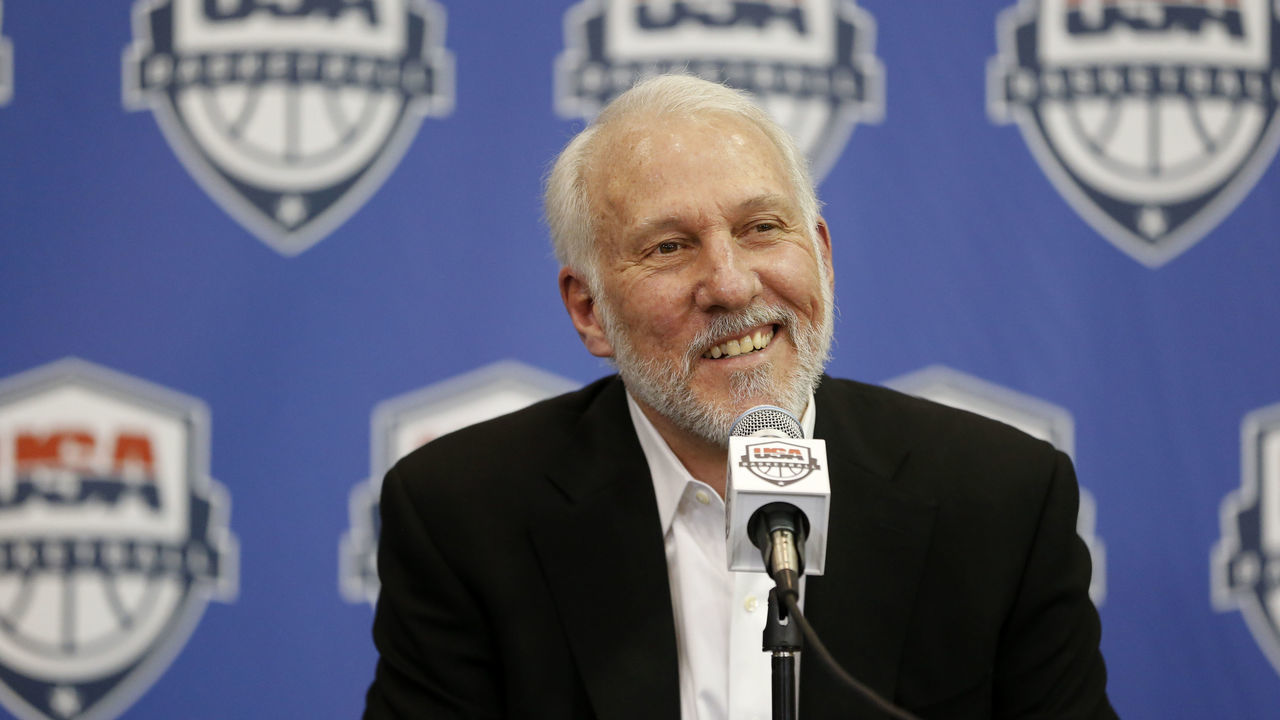 SAN ANTONIO, TX - OCTOBER 23: San Antonio Spurs head coach Gregg Popovich is announced as the new head coach of the USA National Team at the Spurs Training Facility on October 23, 2015 in San Antonio, Texas. Mandatory Copyright Notice: Copyright 2015 NBAE