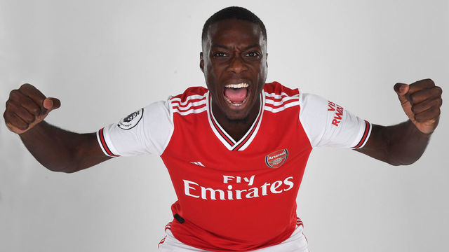 ST ALBANS, ENGLAND - JULY 31: Arsenal unveil new signing Nicolas Pepe at London Colney on July 31, 2019 in St Albans, England.