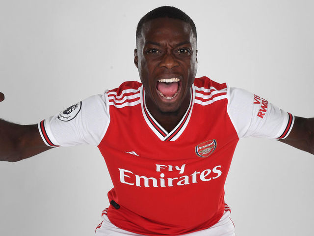 ST ALBANS, ENGLAND - JULY 31: Arsenal unveil new signing Nicolas Pepe at London Colney on July 31, 2019 in St Albans, England.