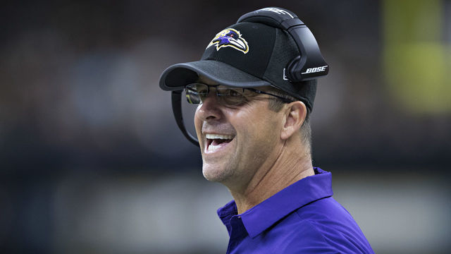 NEW ORLEANS, LA - AUGUST 31: Head Coach John Harbaugh of the Baltimore Ravens yells to the officials during a preseason game against the New Orleans Saints at Mercedes-Benz Superdome on August 31, 2017 in New Orleans, Louisiana. The Ravens defeated the Saints 14-13.