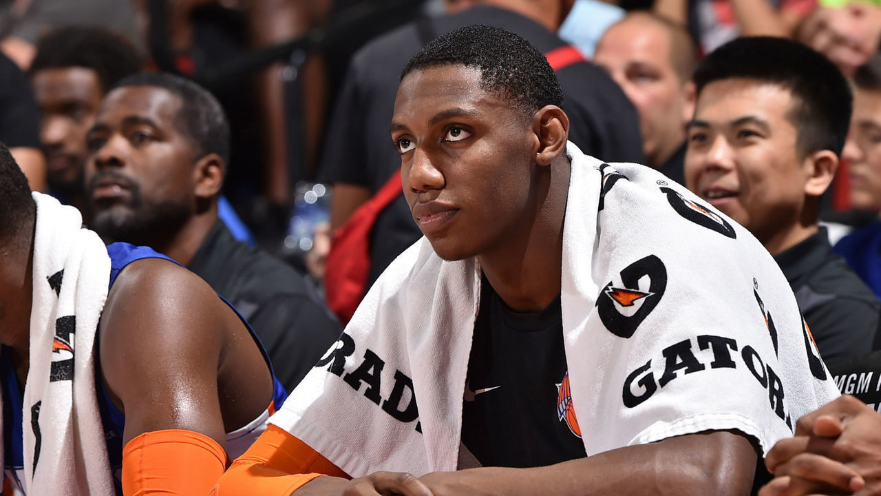 LAS VEGAS, NV - JULY 13: RJ Barrett #9 of the New York Knicks looks on against the Washington Wizards on July 13, 2019 at the Cox Pavilion in Las Vegas, Nevada. NOTE TO USER: User expressly acknowledges and agrees that, by downloading and/or using this photograph, user is consenting to the terms and conditions of the Getty Images License Agreement. Mandatory Copyright Notice: Copyright 2019 NBAE
