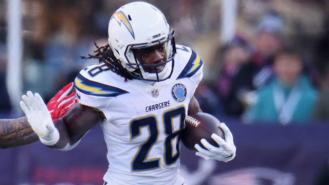 FOXBOROUGH, MA - JANUARY 13: Los Angeles Chargers running back Melvin Gordon III runs during the second quarter. The New England Patriots host the Los Angeles Chargers in an NFL AFC Divisional Playoff game at Gillette Stadium in Foxborough, MA on Jan. 13, 2019.