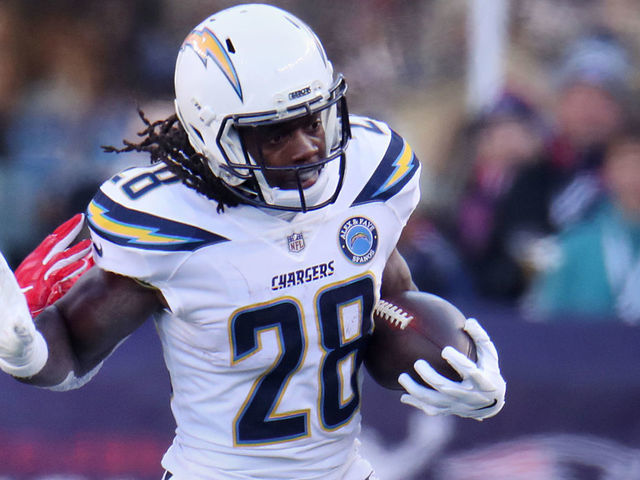 FOXBOROUGH, MA - JANUARY 13: Los Angeles Chargers running back Melvin Gordon III runs during the second quarter. The New England Patriots host the Los Angeles Chargers in an NFL AFC Divisional Playoff game at Gillette Stadium in Foxborough, MA on Jan. 13, 2019.