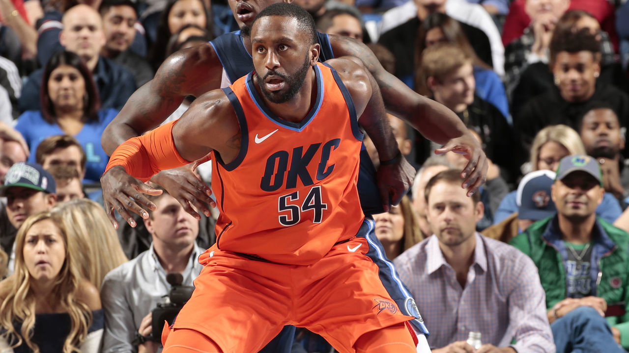 DALLAS, TX - DECEMBER 30: Patrick Patterson #54 of the Oklahoma City Thunder fights for position against the Dallas Mavericks on December 30, 2018 at the American Airlines Center in Dallas, Texas. Mandatory Copyright Notice: Copyright 2018 NBAE