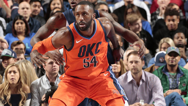 DALLAS, TX - DECEMBER 30: Patrick Patterson #54 of the Oklahoma City Thunder fights for position against the Dallas Mavericks on December 30, 2018 at the American Airlines Center in Dallas, Texas. Mandatory Copyright Notice: Copyright 2018 NBAE