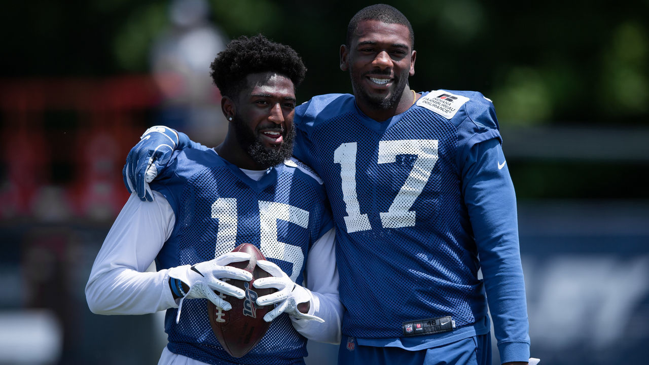WESTFIELD, IN - JULY 25: Indianapolis Colts wide receiver Parris Campbell (15) and Indianapolis Colts wide receiver Devin Funchess (17) talk on the field before the Indianapolis Colts training camp practice on July 25, 2019 at the Grand Park Sports Campus in Westfield, IN.