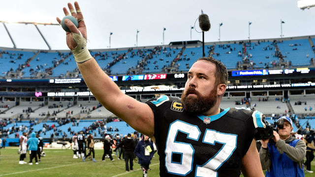 CHARLOTTE, NORTH CAROLINA - DECEMBER 23: Ryan Kalil #67 of the Carolina Panthers salutes the fans after their game against the Atlanta Falcons at Bank of America Stadium on December 23, 2018 in Charlotte, North Carolina.