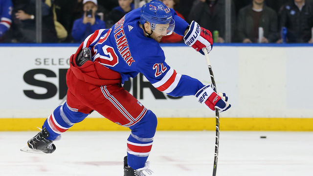 NEW YORK, NY - FEBRUARY 23: New York Rangers Defenceman Kevin Shattenkirk (22) takes a wrist shot prior to the National Hockey League game between the New Jersey Devils and the New York Rangers on February 23, 2019 at Madison Square Garden in New York, NY.