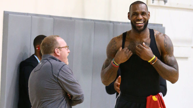 OAKLAND, CA - JUNE 12: General Manager David Griffin chats with LeBron James #23 of the Cleveland Cavaliers during practice and media availability as part of the 2016 NBA Finals on June 12, 2016 at Oakland Convention Center in Oakland, California. Mandatory Copyright Notice: Copyright 2016 NBAE