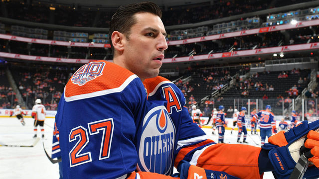 EDMONTON, AB - DECEMBER 9: Milan Lucic #27 of the Edmonton Oilers warms up prior to the game against the Calgary Flames on December 9, 2018 at Rogers Place in Edmonton, Alberta, Canada.