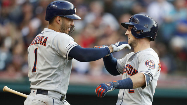 CLEVELAND, OH - AUGUST 01: Alex Bregman #2 and Carlos Correa #1 celebrate Bregman's home run against the Cleveland Indians in the fourth inning at Progressive Field on August 1, 2019 in Cleveland, Ohio. The Astros defeated the Indians 7-1.