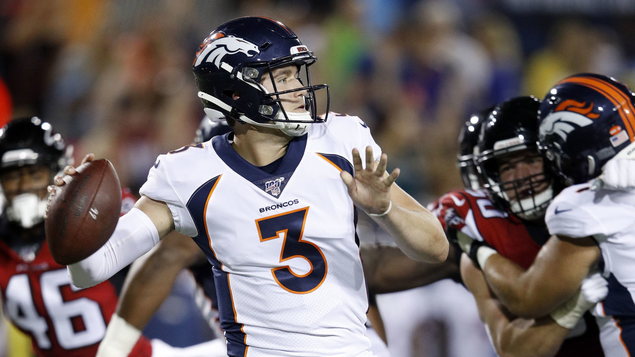 CANTON, OH - AUGUST 01: Drew Lock #3 of the Denver Broncos throws a pass in the first half of a preseason game against the Atlanta Falcons at Tom Benson Hall Of Fame Stadium on August 1, 2019 in Canton, Ohio.