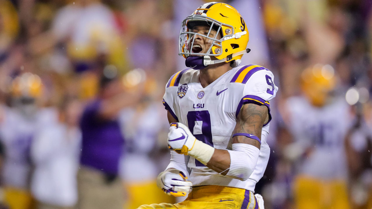 BATON ROUGE, LA - SEPTEMBER 29: LSU Tigers safety Grant Delpit (9) reacts to sacking Mississippi Rebels quarterback Jordan Ta'amu (10) on September 29, 2018 at Tiger Stadium in Baton Rouge, LA.