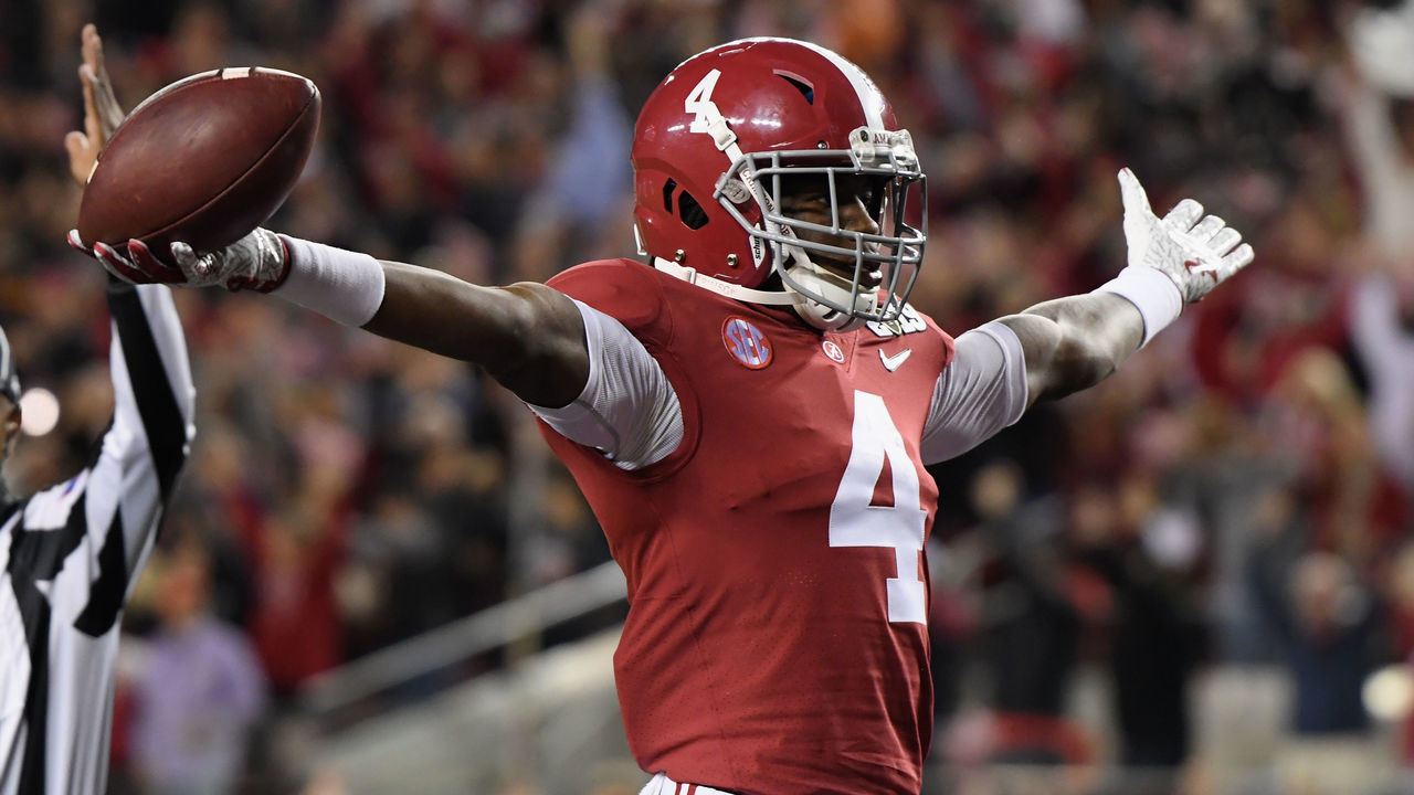 SANTA CLARA, CA - JANUARY 07: Jerry Jeudy #4 of the Alabama Crimson Tide celebrates his first quarter touchdown reception against the Clemson Tigers the CFP National Championship presented by AT&T at Levi's Stadium on January 7, 2019 in Santa Clara, California.