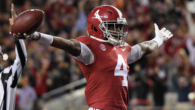 SANTA CLARA, CA - JANUARY 07: Jerry Jeudy #4 of the Alabama Crimson Tide celebrates his first quarter touchdown reception against the Clemson Tigers the CFP National Championship presented by AT&T at Levi's Stadium on January 7, 2019 in Santa Clara, California.
