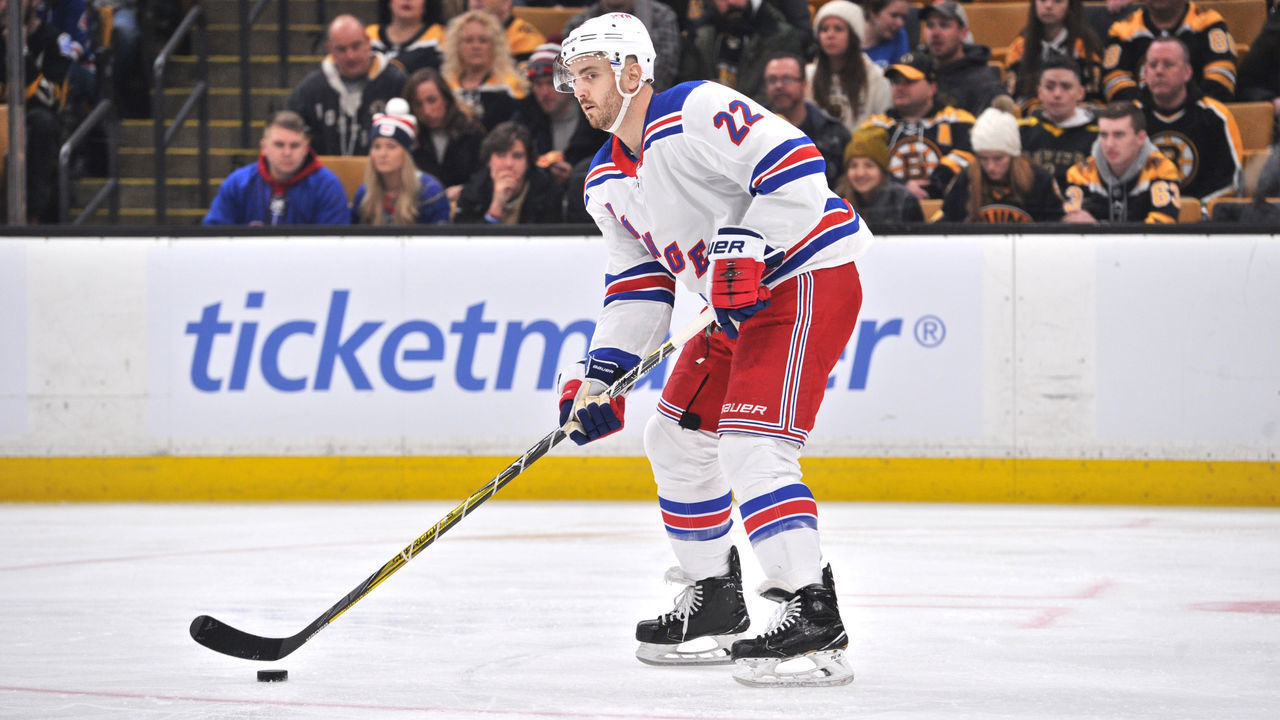 BOSTON, MA - JANUARY 19: New York Rangers Defenceman Kevin Shattenkirk (22) looks up ice for an open teammate. During the New York Rangers game against the Boston Bruins on January 19, 2019 at TD Garden in Boston, MA.
